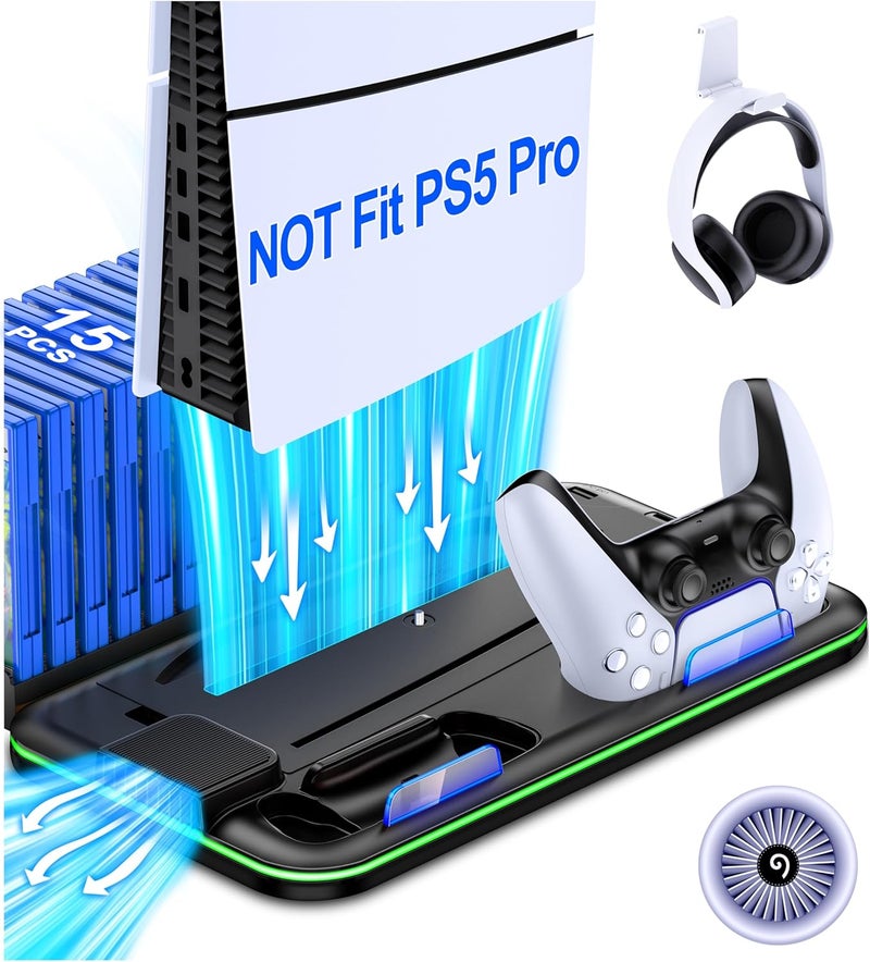 KICKDOT PS5/PS5 Slim Stand and Cooling Station with Controller Charging Station for Playsation 5, PS5 Accessories Kit Incl. 3 Levels Cooling Fan, LED, 15 Game Slot, Headset Holder for PS5 Digital/Disc Console - Image 1